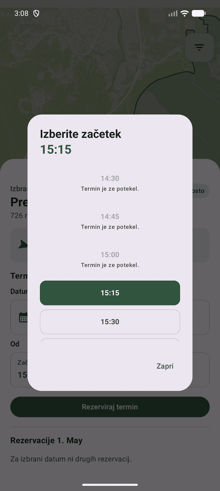 Android aplikacija LovskiRevir s prikazom izbire začetnega časa rezervacije.